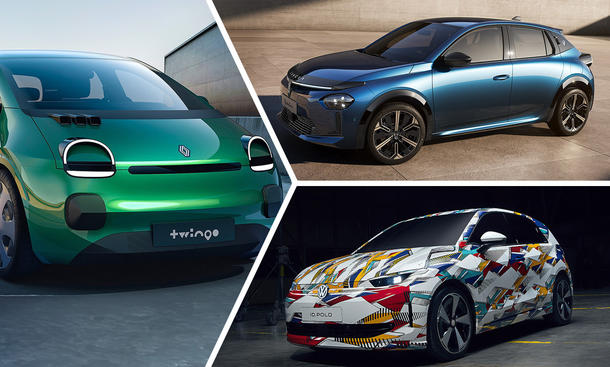 Collage aus Renault Twingo, Lancia Ypsilon und VW ID. Polo als kommende günstige E-Autos.