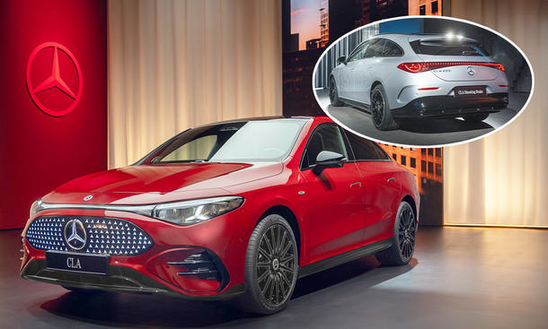 Eine Collage zeigt den Mercedes CLA EQ als Limousine und Shooting Brake.