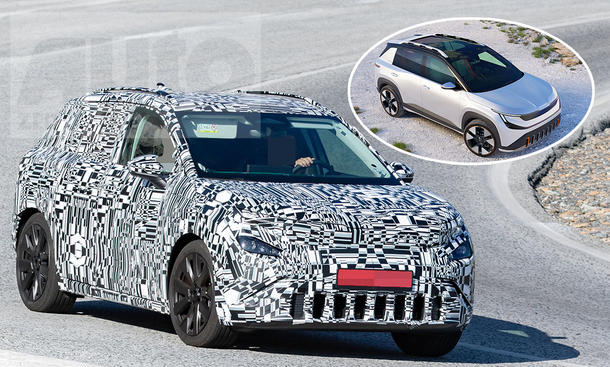 Eine Collage zeigt den Skoda Epiq (2026) als Erlkönig sowie die 2024 vorgestellte Studie.