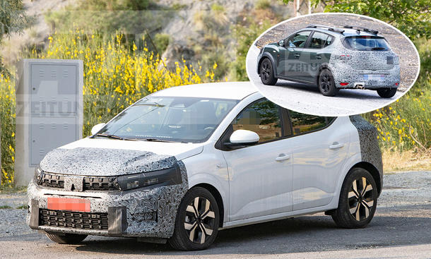 Eine Collage zeigt Dacia Sandero und Sandero Stepway Facelift (2026) als Erlkönige.