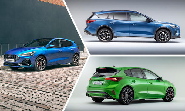Eine Collage zeigt die Facelift-Varianten von Ford Focus, Focus Turnier und Focus ST.
