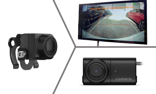 Kollage der Rückfahrkameras Garmin BC 50, BC 50 Night Vision und DriveSmart 66.