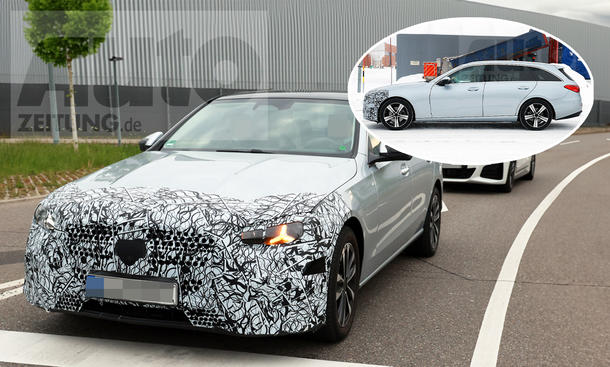 Eine Collage zeigt die Facelift-Varianten von Mercedes C-Klasse und C-Klasse T-Modell als Erlkönige.