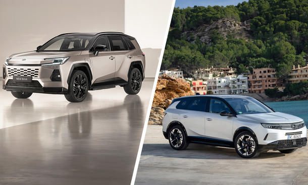 Eine Collage zeigt Toyota RAV4 und Opel Grandland.