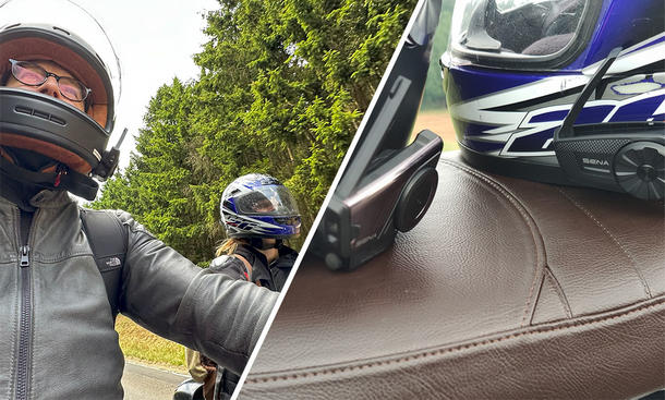 Zwei Motorradfahrer:innen mit Sena Intercom-Systemen am Helm.