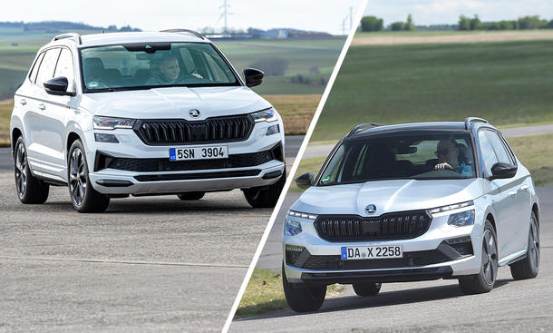 Eine Collage zeigt Skoda Karoq und Skoda Kamiq von vorne, die jeweils durch eine Kurve fahren.