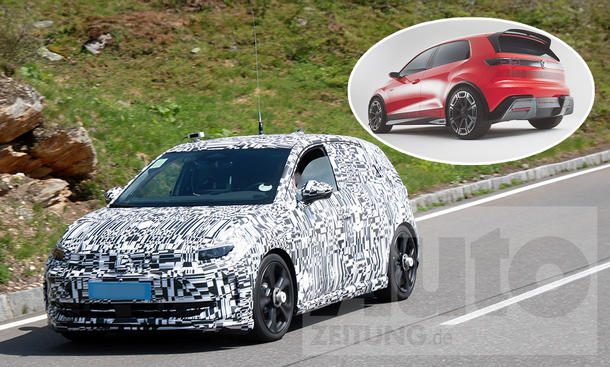 Eine Collage zeigt den VW ID.2 GTI (2026) als Erlkönig und die Studie ID. GTI Concept.