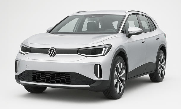 Eine Computerillustration zeigt das VW ID.4 Facelift (2026) vor weißem Hintergrund, von vorne links abgebildet.