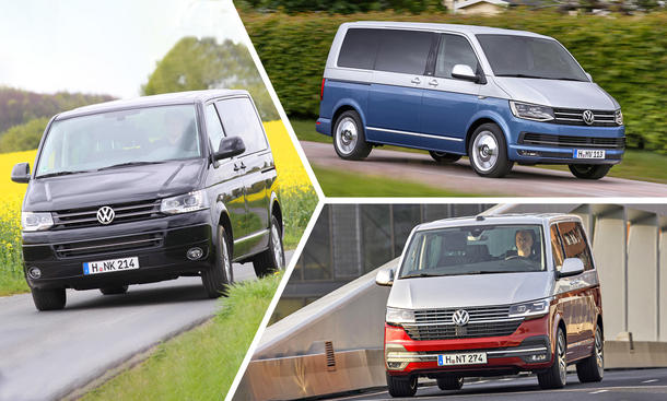 VW T5 Multivan (2009)/VW T6 Multivan (2015)/VW T6.1 Multivan (2019); Kollage fahrender, frontal fotografierter Vans