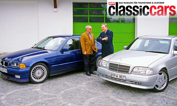 Alpina B3 und Mercedes C36 AMG stehend von vorne mit Hans-Werner Aufrecht und Burkard Bovensiepen.