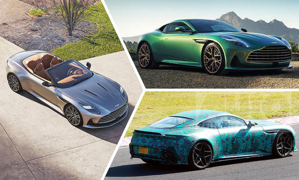 Collage verschiedener Aston Martin DB12-Derivate.