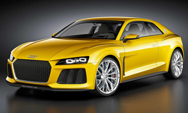 Das Audi Sport Quattro Concept stehend von schräg vorne.