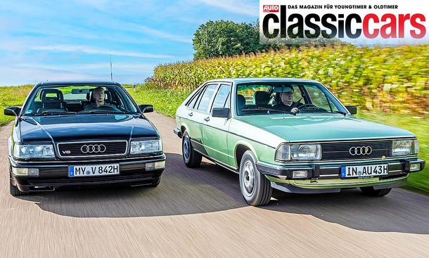 Der Audi V8/Audi 100 Avant fahrend von schräg vorne fotografiert.