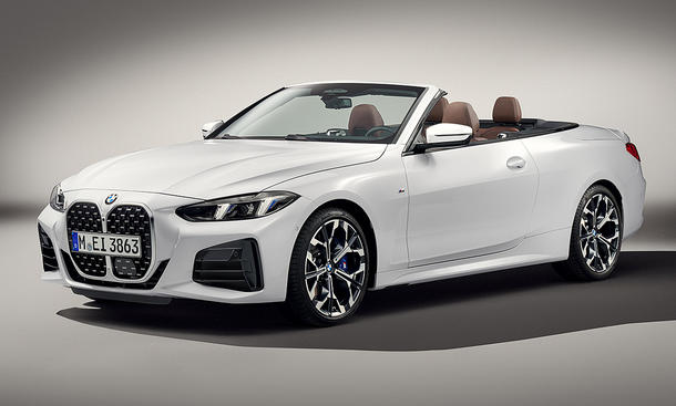 BMW 4er Cabrio Facelift (2024) in Weiß als Cabrio von vorne links