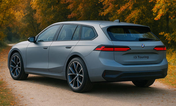 KI-generierte Computer-Illustration zeigt den BMW i3 Touring stehend von schräg hinten.