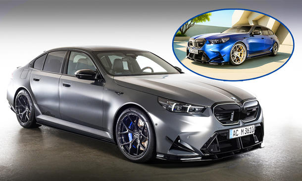 Der BMW M5 (G90/G99) von AC Schnitzer: Zu sehen ist im großem Bildausschnitt die Limousine statisch von schräg vorne und eingeklinkt den Touring statisch von schräg vorne.