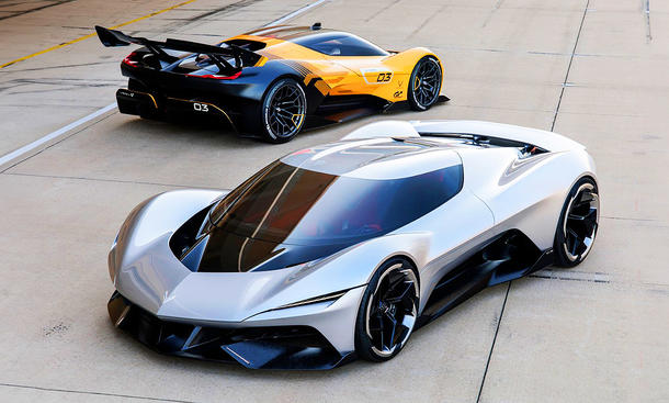 Gruppenbild mit den zwei Supersportwagen-Studien Chevrolet Corvette CX und CX.R VGT (2025).