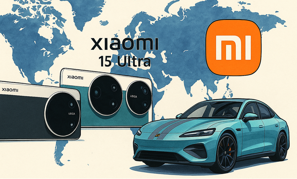 KI-generierte Collage zu den Fahrzeugen und dem Auto von Xiaomi, im Hintergrund sieht man die Weltkarte und das Logo der Marke.