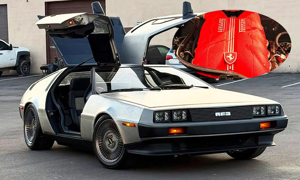 Der DeLorean DMC-12 mit Ferrari-V8 stehend von schräg vorne.