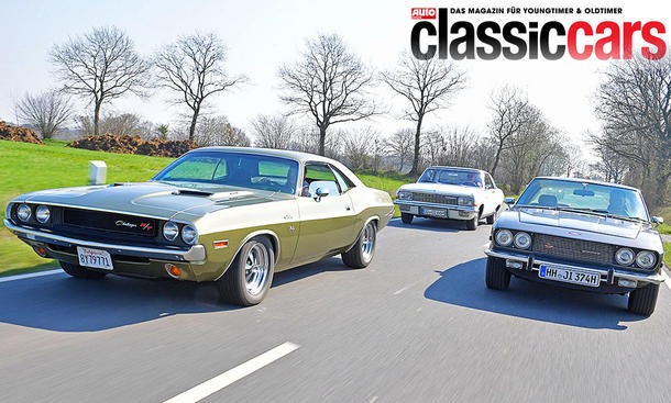 Dodge Challenger/Opel Diplomat Coupé/Jensen Interceptor fahrend von schräg vorne fotografiert.