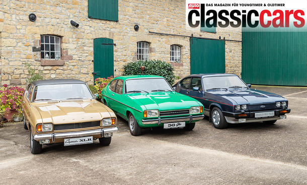 Ford Capri I 2000 GT XLR/Capri II 3.0 Ghia/Capri III 2.8 Super Injection nebeneinander stehend