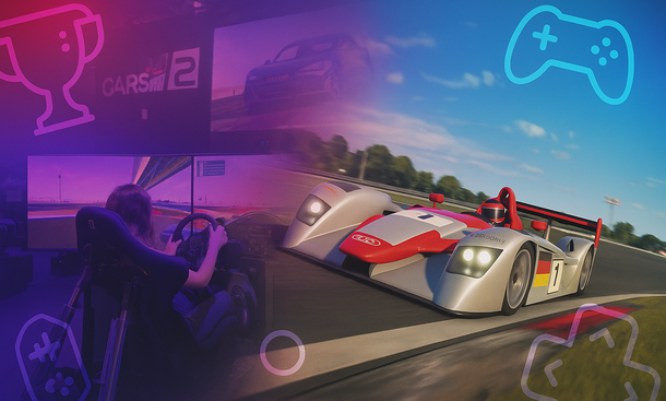 Eine Collage mit dem Audi Le-Mans-Prototypen und einem Ausschnitt aus der Gamescom, wo ein Mensch vor Bildschirmen sitzt und spielt.