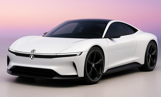 Blick von schräg vorne auf den KI-illustrierten Honda NSX-Nachfolger (2028).