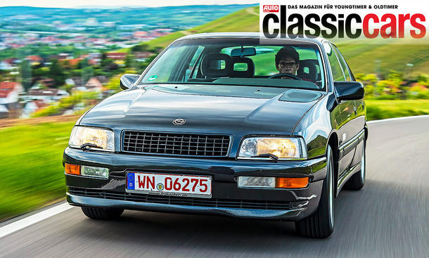 Blick von vorne auf den fahrenden Irmscher Opel Senator 3.6i.