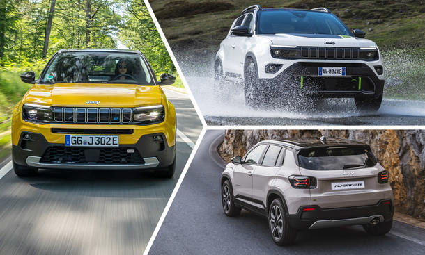 Der Jeep Avenger als Elektro (links), 4xe (oben rechts) und e-Hybrid.