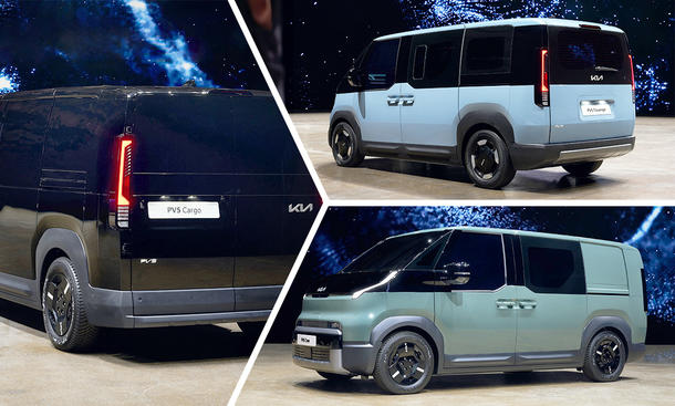 Alle Varianten des Kia PV5 in einer Collage zusammengefasst: Car (links), Passenger (oben rechts) und Crew.