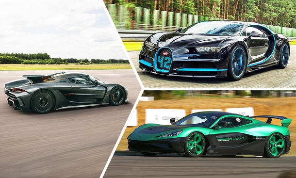 Kollage aus verschiedenen Hypercars, die schnell über die Straßen fahren.