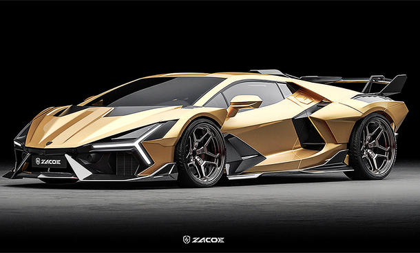 Blick von schräg vorne auf den Lamborghini Revuelto von Zacoe.