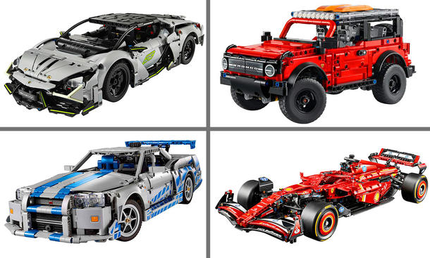 Das Bild zeigt vier Lego Technic-Neuheiten aus dem Jahr 2025. Oben sind Lamborghini Revuelto (links) und Ford Bronco (rechts) zu sehen, unten Nissan Skyline GT-R (links) und der Ferrari F1-Rennwagen (rechts).