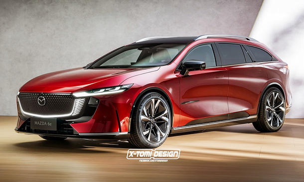 Eine Computer-Illustration zeigt, wie der Mazda6e Kombi aussehen könnte. Das Auto wird in einem Fotostudio von vorne links gezeigt.
