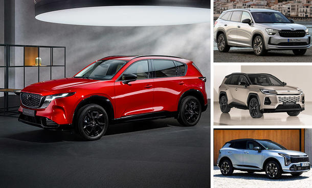 Eine Collage zeigt ein großes Fotos des Mazda CX-5 (2025) sowie kleine Fotos von Skoda Kodiaq, Toyota RAV4 und Kia Sportage.