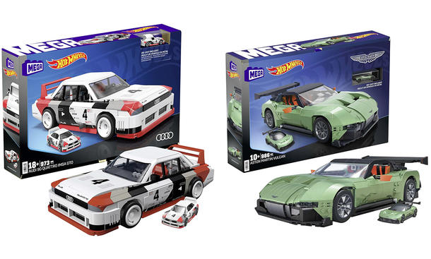 Das Bild zeigt zwei Modelle der "Mega Hot Wheels"-Serie von Mattel.