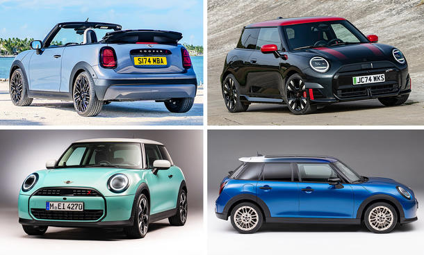 Alle Mini-Varianten: Oben links das Mini Cabrio als Verbrenner von schräg hinten, oben rechts der Mini JCW Electric von schräg vorne, unten links der Mini als Verbrenner und unten rechts der Mini 5-Türer als Verbrenner.