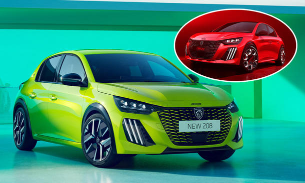 Das Peugeot E-208 Facelift (2023) statisch von schräg vorne und eingeklinkt derPeugeot E-208 GTI (2025).