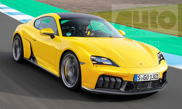Eine Computer-Illustration zeigt den Porsche 718 Cayman Electric (2028) fahrend auf einer Rennstrecke.