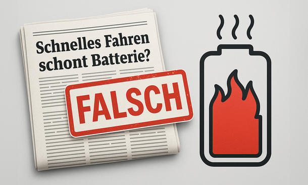 Mythos: Schnelles Fahren schont E-Auto-Batterie: Symbolbild zeigt falsche Überschrift einer Tageszeitung, das Wort "falsch" und einen erhitzenden E-Auto-Akku.