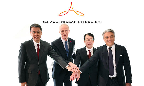Nissan-Chef Uchida, Allianz-Vorsitzender Senard, Mitsubishi-Chef  Kato, Renault-Chef Luca de Meo