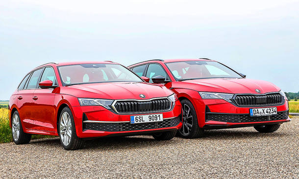 Blick von schräg vorne auf die beiden Kombis Skoda Octavia Combi Mildhybrid und Diesel.
