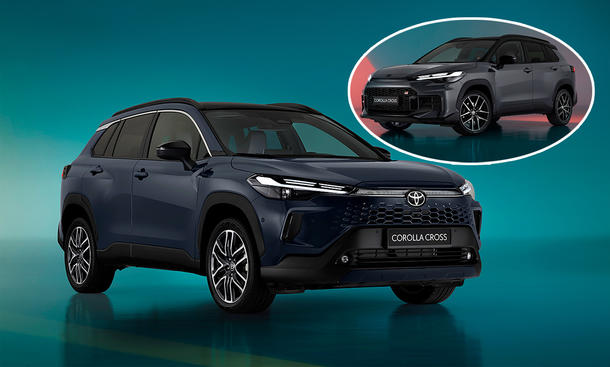 Toyota Corolla Cross Facelift (2025) stehend von schräg vorne fotografiert mit GR Sport-Ausstattung (oben rechts).