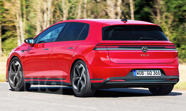 Eine Computerillustration des VW ID. Golf (2029), von hinten links abgebildet.