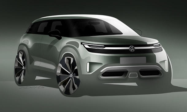 Eine offizielle Skizze zeigt den VW ID.2 X (2026) stehend von schräg vorne.