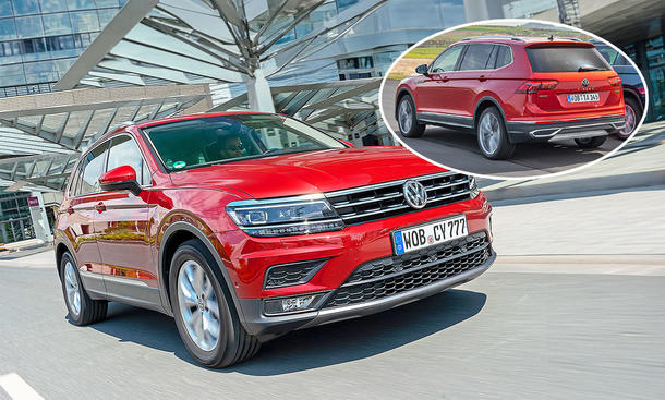 Ratgeber zum Gebrauchtwagenkauf: Bild zeigt den fünfsitzigen VW Tiguan fahrend von schräg vorne sowie den VW Tiguan Allspace mit sieben Sitzen eingeklinkt fahrend von schräg hinten.