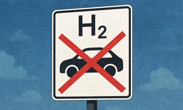 Ein KI-generiertes Bild zeigt ein Verkehrsschild, das Wasserstoff-Autos symbolisiert, aber durchgestrichen ist.
