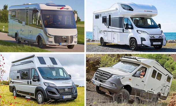Das Bild zeigt vier Wohnmobile bis 4,25 t: Oben links einen Vollintegrierten von Carthago, oben rechts einen Alkoven von Adria, unten links einen Campervan von La Strada, unten rechts ein Allrad-Wohnmobil von Eura.