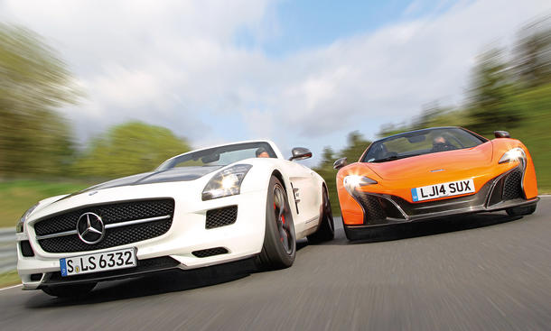 McLaren 650S Spider Mercedes SLS AMG GT Roadster Sportwagen Vergleich Bilder